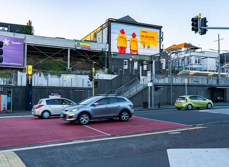 A Go Media digital billboard on Sandringham Road near Eden Park, Auckland.